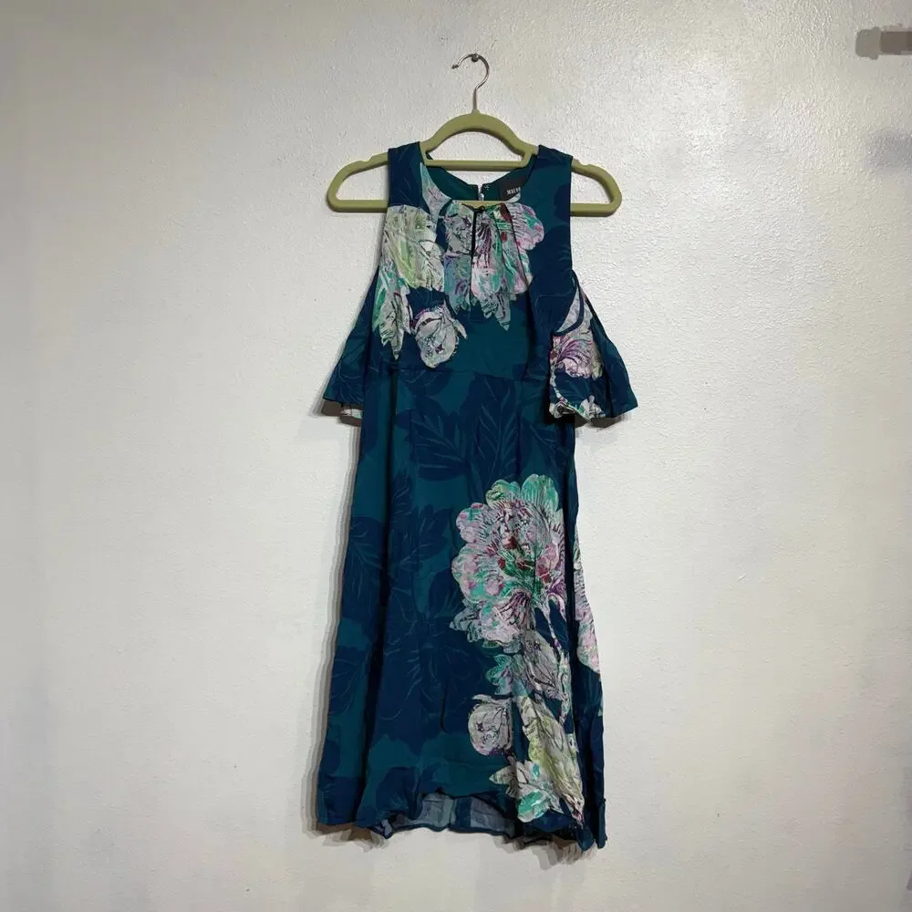 Anthropologie  Maeve Teal Elia Cold Shoulder Floral Mini Dress Sz 2 NWT - Picture 2 of 15